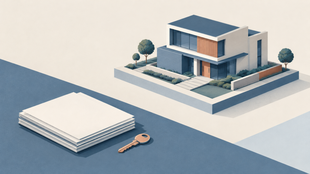Ilustração arquitetônica de casa sobre base sólida com caminho de acesso e documentos organizados
