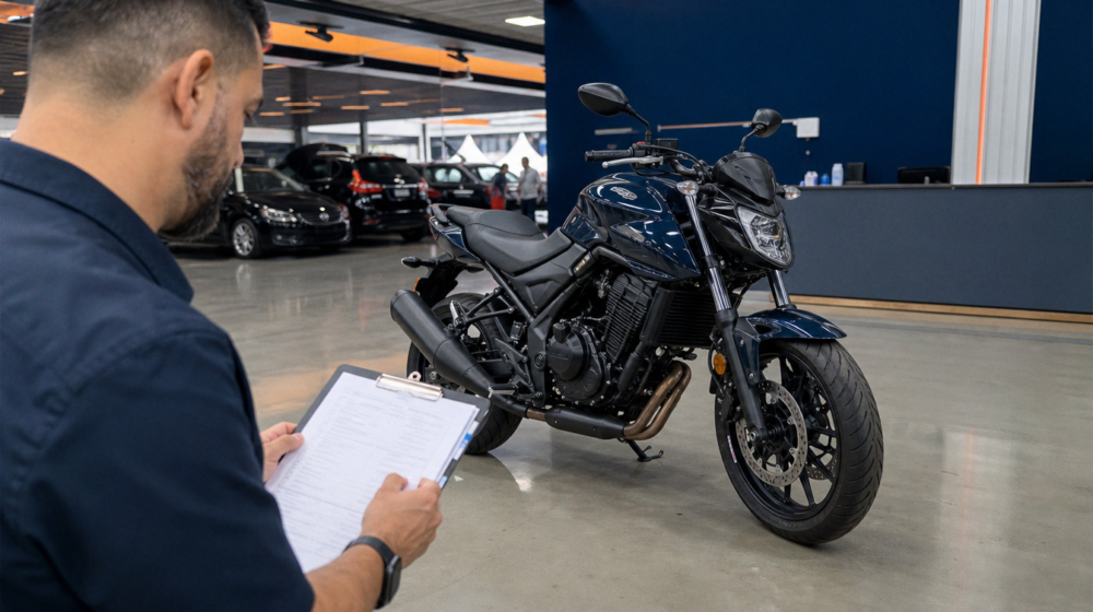 Comprador analisando documentação de moto de leilão antes da compra