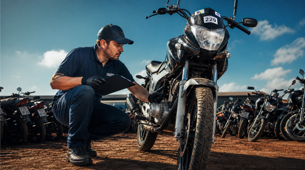 Comprador conferindo a documentação de uma moto usada em pátio de leilão