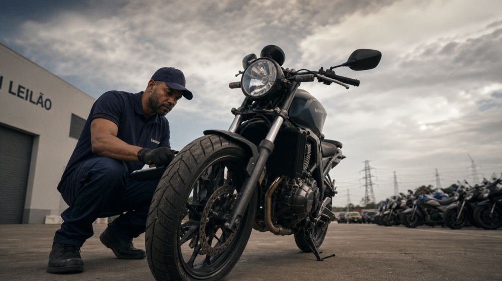 Profissional avaliando as condições de uma motocicleta antes do arremate
