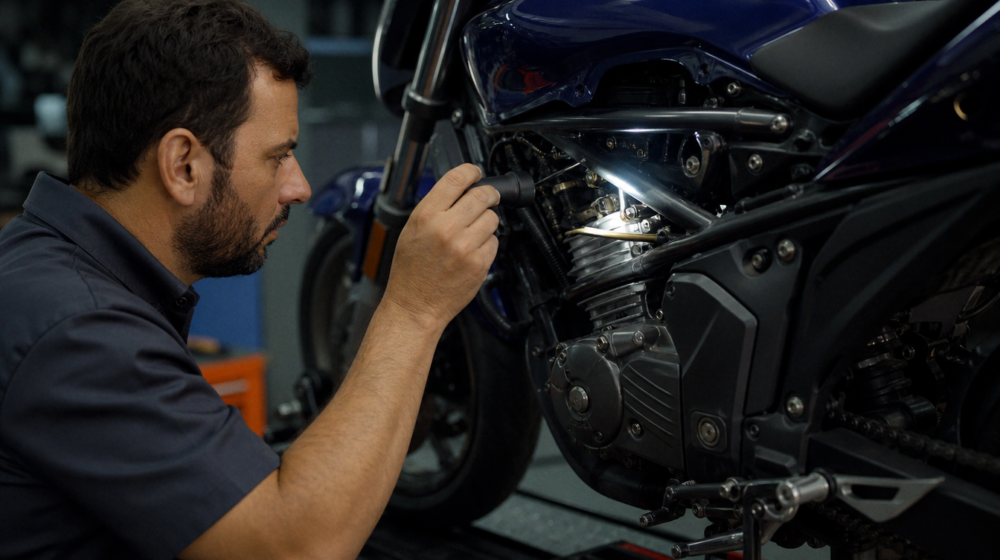 Profissional verificando a identificação do chassi de uma moto de leilão