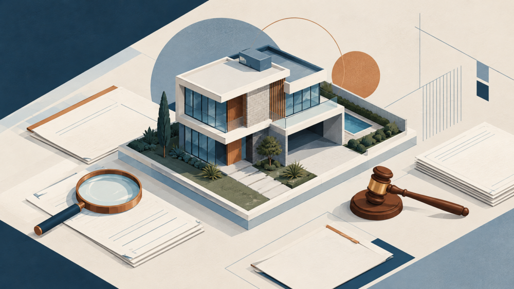 Ilustração arquitetônica de casa em leilão com documentos e elementos de análise prévia