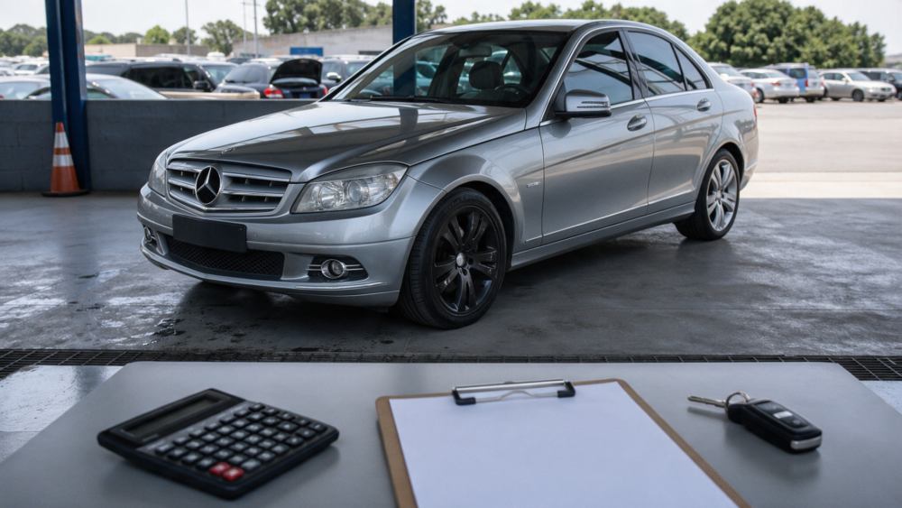 Mercedes-Benz prata em pátio da GP Leilões, ilustrando os custos de comprar um carro em leilão.