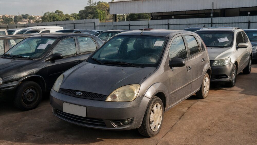 Carros usados organizados em um pátio de leilão de veículos