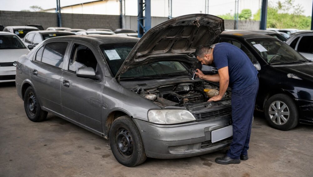 Profissional inspecionando o motor de um carro usado em pátio de leilão