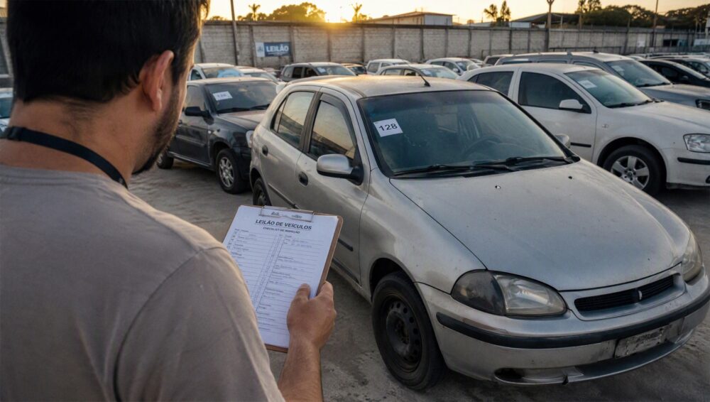 Comprador com prancheta avaliando carros usados em um pátio de leilão